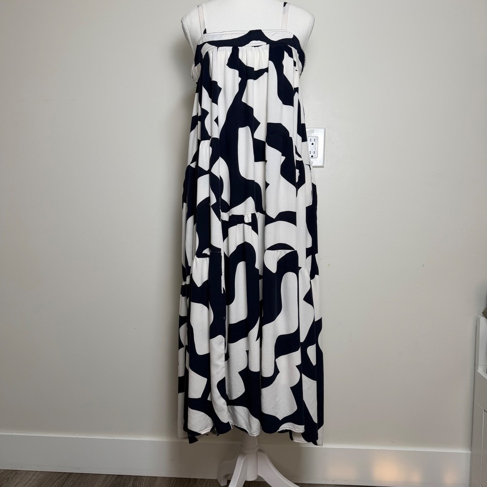 Abel The Label Abstract Graphic Tiered Maxi Dress Black White Womens Medium Boho